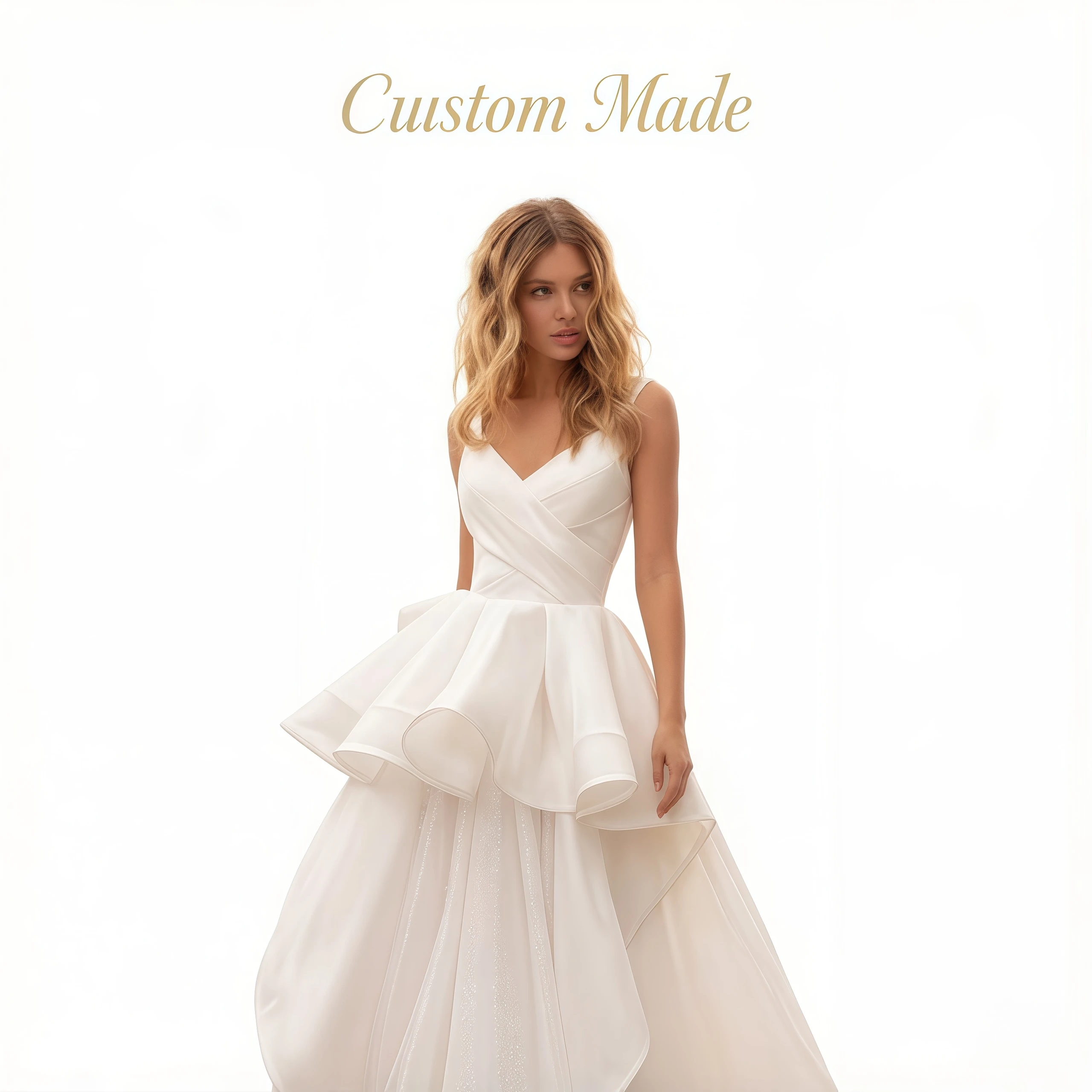 

Kitty Customized Modern Wedding Dress V-Neck Spaghetti Strap Backless Peplum Ruffle Skirt Sparkle Tulle A-Line Train Bridal Gown