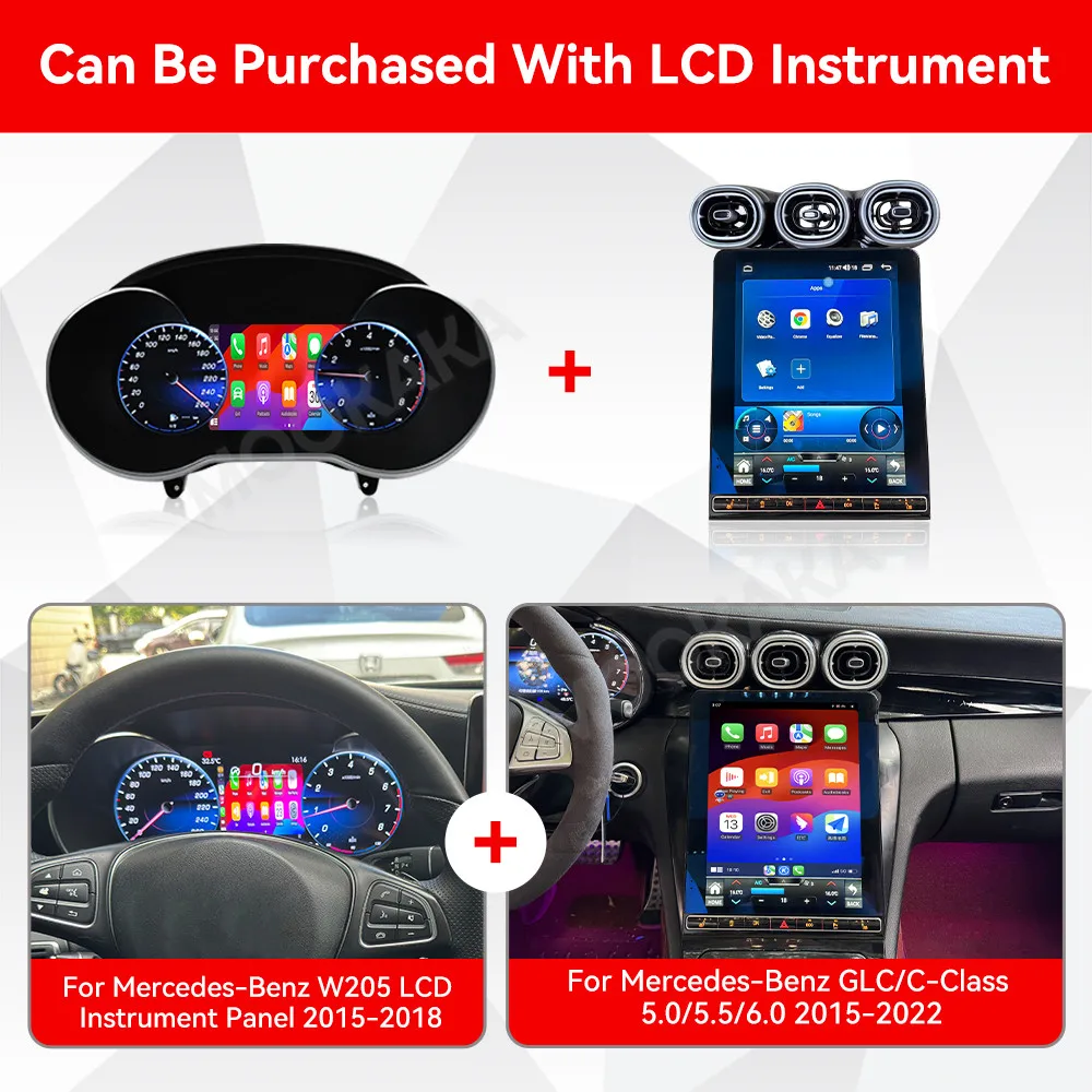 

Android 15 Auto Stereo Car Radio For Mercedes Benz GLC C Class 2015-2022 Carplay + Digital Cluster Dashboard GPS Map Navigation