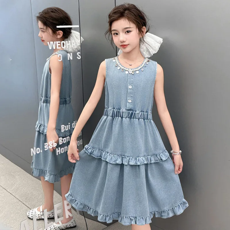 

Fashion Style Children Long Denim Ruffles Dress for Teens Girls Casual Vacation Summer Beach Dresses with Flounces Kids Clothes