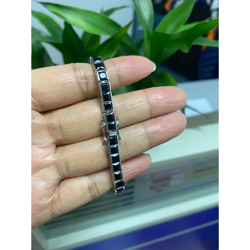 Ruihe New 925 Silver 4x4mm Square Shape Natural Black Spinel Gemstone Fashion Jewelry Party Gifts Couple Men Bracelet