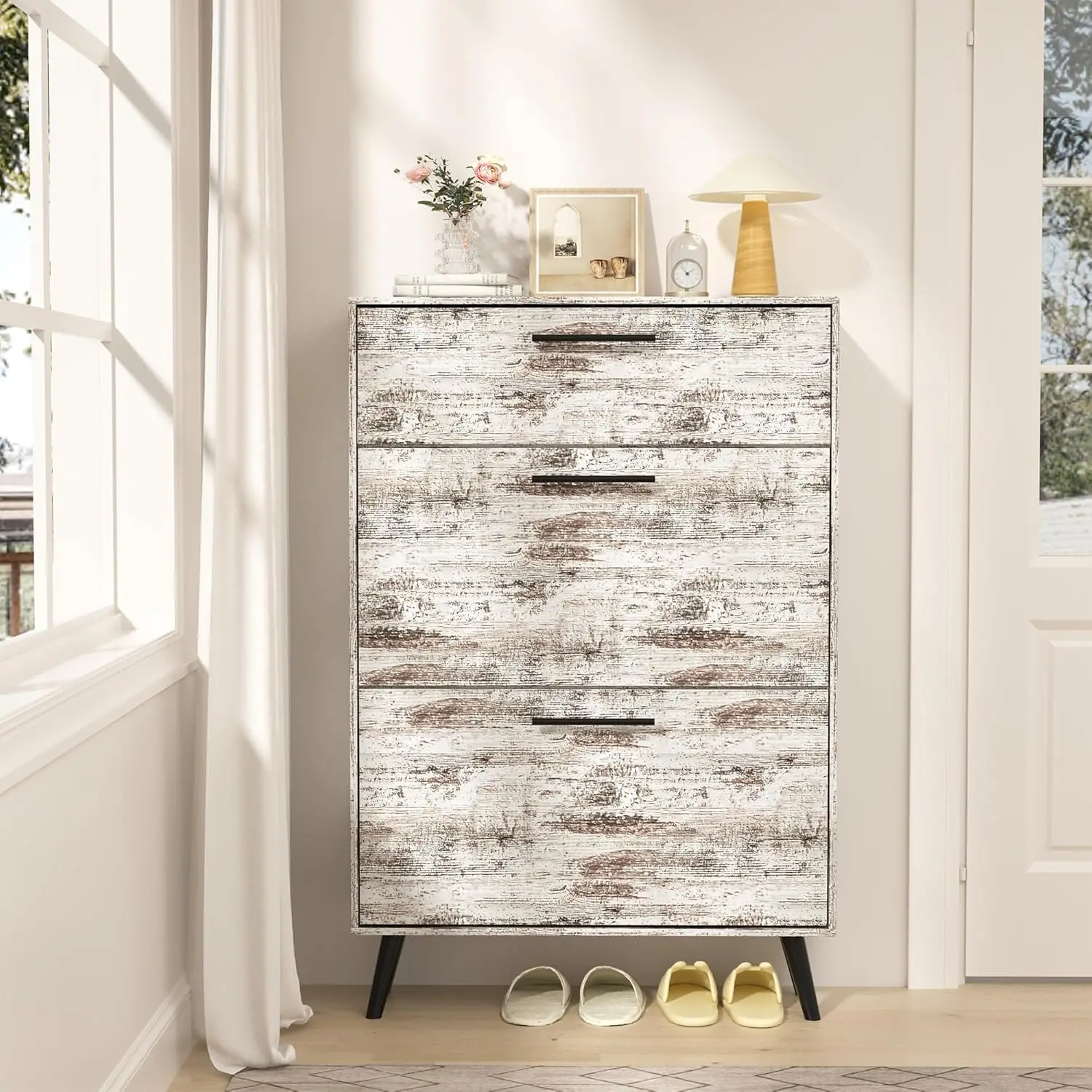 خزانة أحذية ضيقة للمدخل مع درجين قابلين للطي، خزانة أحذية قائمة بذاتها للمزرعة، منظم أحذية خشبي نحيف #4