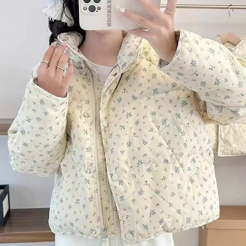 Menina engrossar para baixo pão robe algodão-acolchoado jaqueta feminina doce fragmentos florais jaqueta puffer feminina versão coreana inverno