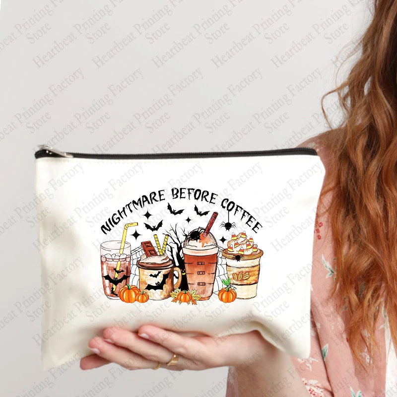 Pumpkin Spice Latte Fall Coffee Pattern Cosmetic Bag Simple Zipper Makeup Bags Multi Toiletry Wash Bag Halloween Gift for Her