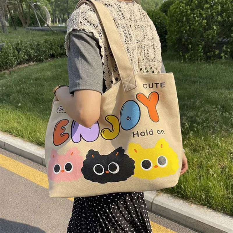 

Cute Cartoon Canvas Handbag Shoulder Bag, Letter Printed Tote Bag, Large Capacity Shopping Bag, Campus Computer School Book Bag