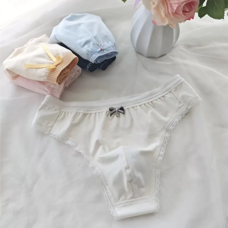 Men's Cotton Thong Underwear Low Rise Solid Color Lace Trim Bow Comfort T-Back Convex Pouch Briefs Sexy Sports G-String