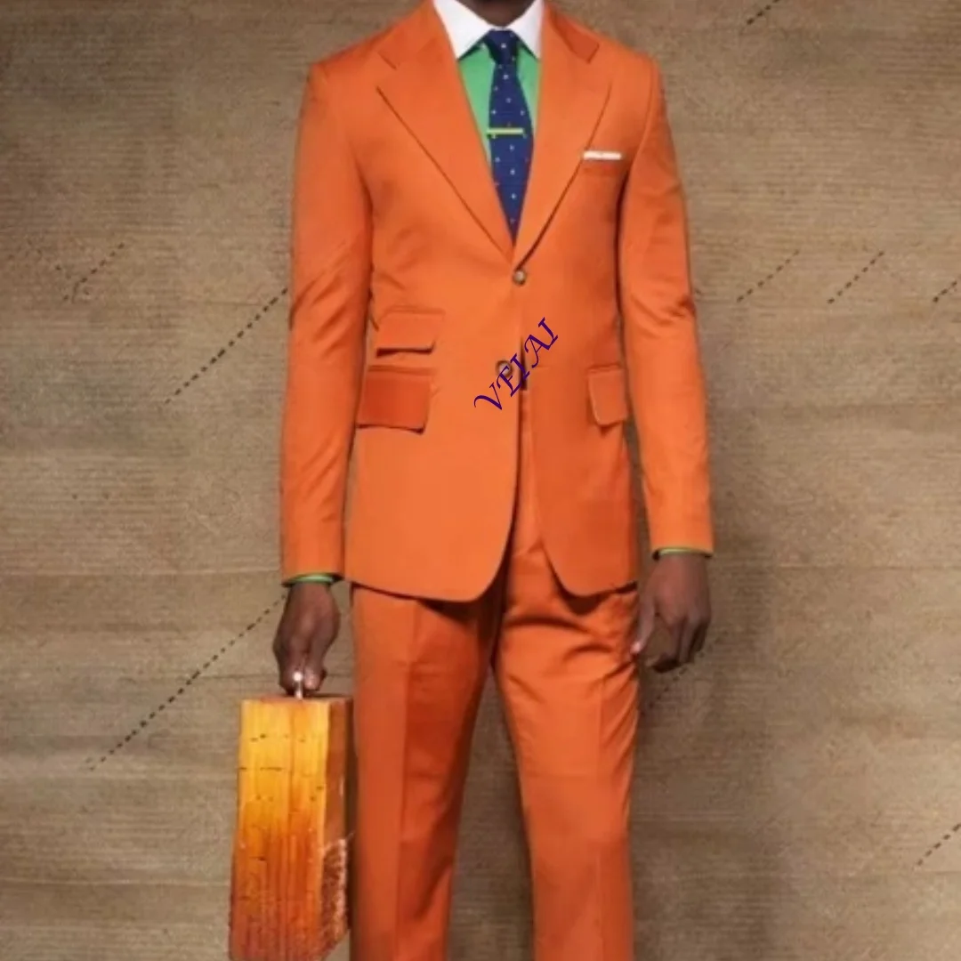 

CustomizedOrange Single Breasted Men Suit Peaked Lapel Business Casual Formal Costume Homme Slim Fit 2 Pcs Set Jacket Pants