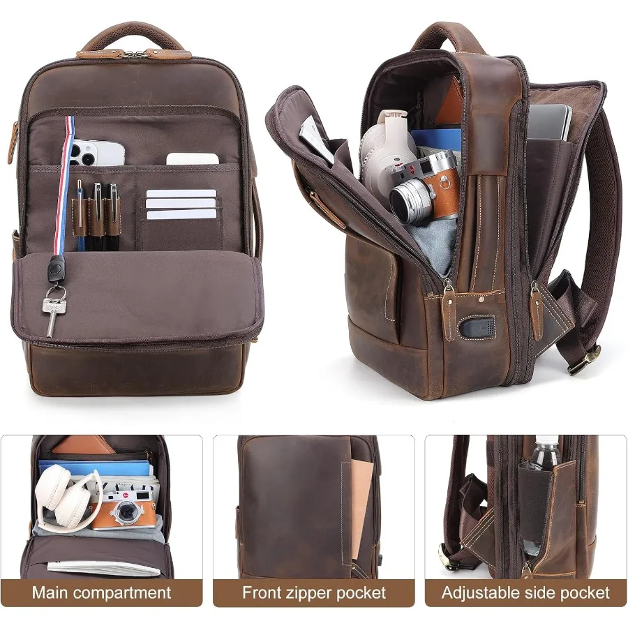 حقيبة ظهر TIDING للرجال من الجلد للعمل والسفر قابلة للتوسيع مقاس 15.6 بوصة للكمبيوتر المحمول حقيبة ظهر للعمل حقيبة نهارية غير رسمية #5