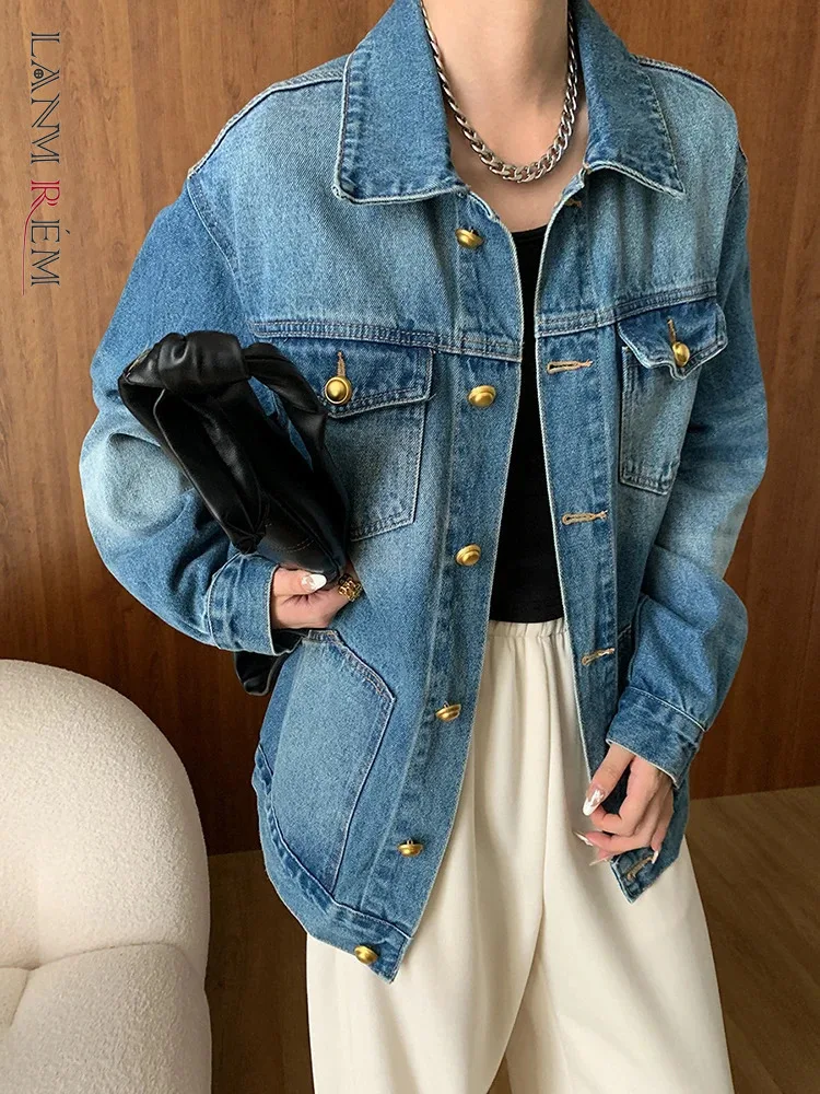 

[LANMREM] Washed Denim Coat For Women Lapel Single Breasted Long Sleeve Jackets Streetwear Clothing 2024 Autumn New 26D9941