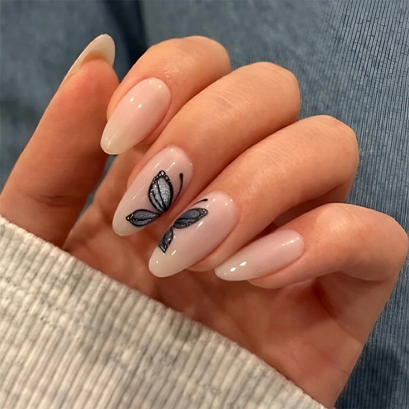 

24Pcs Mid-length Almond Fake Nails with Butterfly Design Full Cover Nails Tips Round Head Wearable Finished Press on False Nails