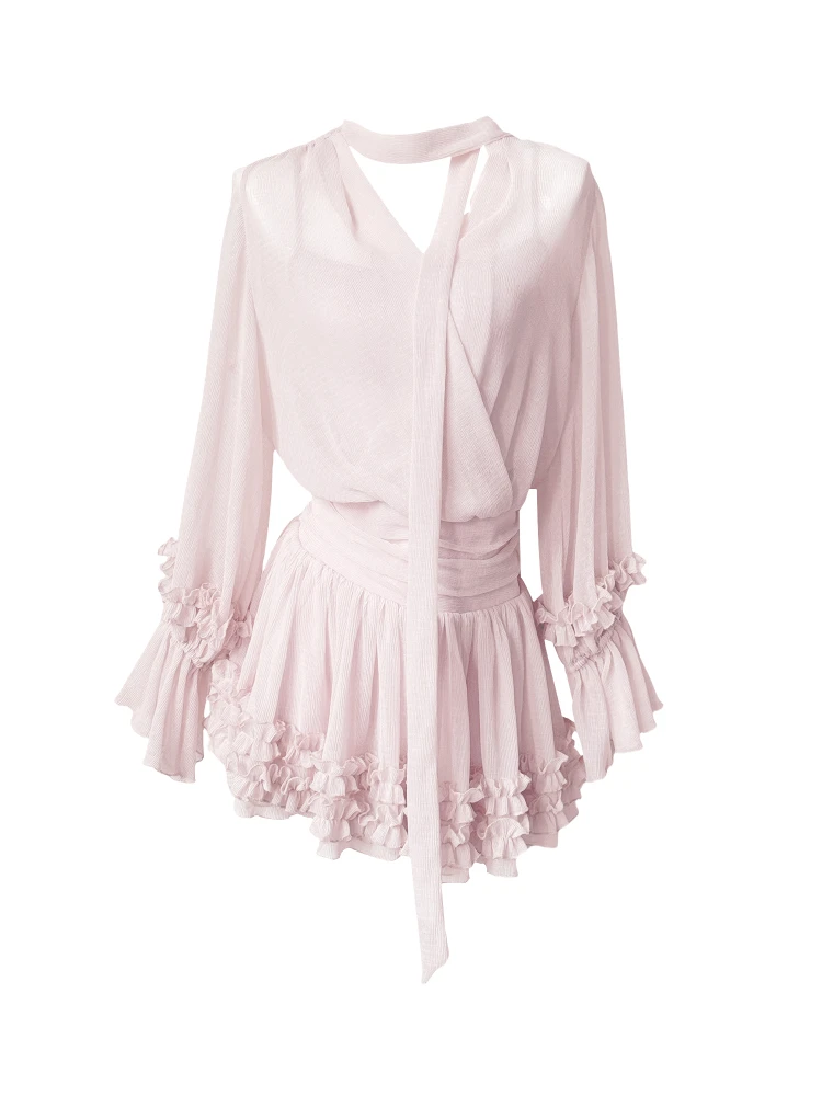 Ele  Knot Dr with Lace Trim Flower Bud ort Skirt Gentle Personali High Waist A-Line Silhouette Spring Sum...