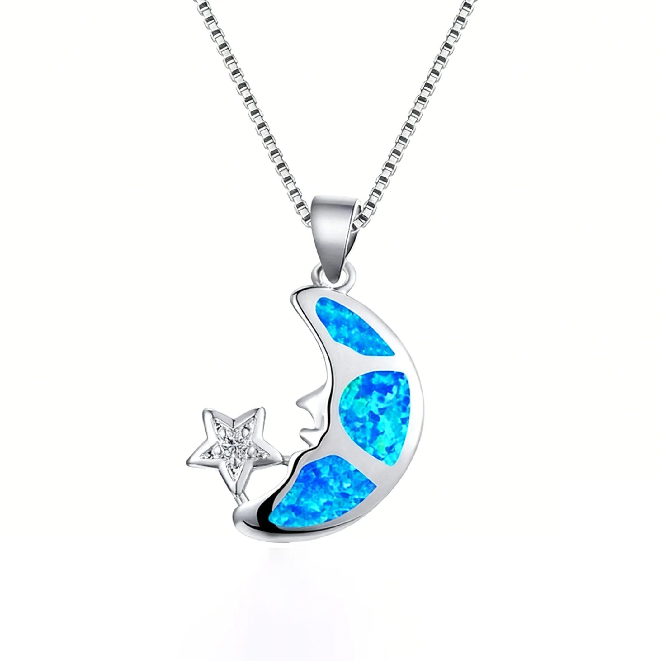 Crescent Moon and Star Pendant Necklace with Blue Opal Celestial Jewelry,Dainty Minimalist Adjustable Necklace for Women Gift