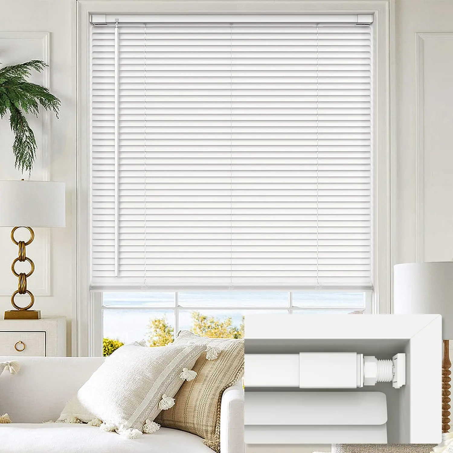 

No Tools No Drill Cordless Vinyl Mini Blinds, Light Filtering Horizontal Window Shades, 28" W x 72" H White