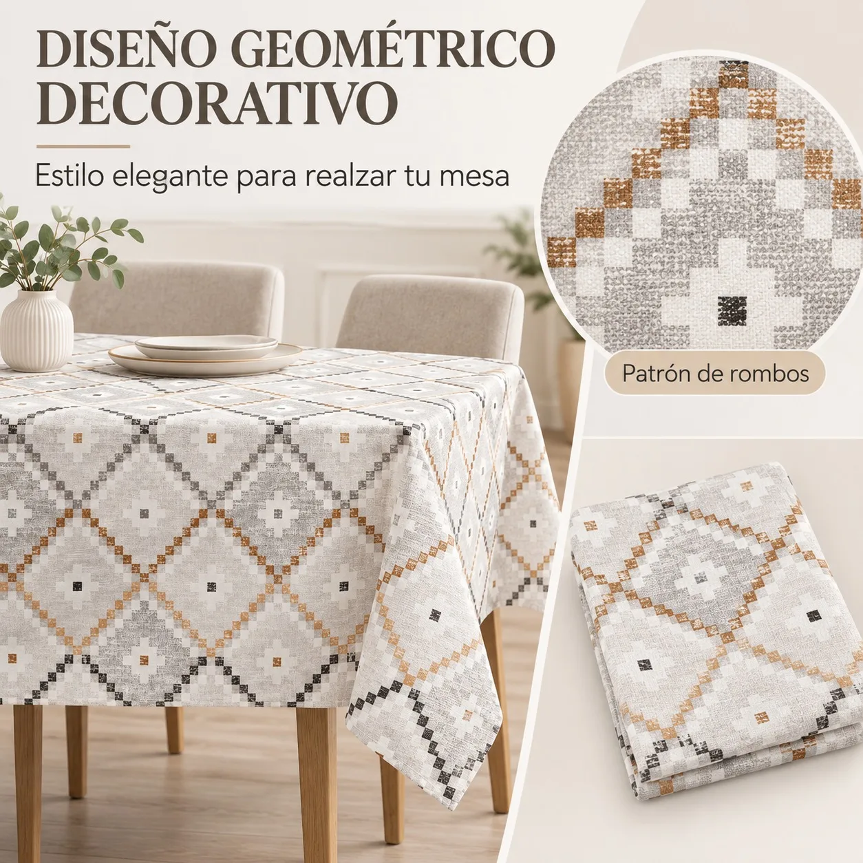 Tovaglia rettangolare 140x180 cm in tela di resina stampata con motivo geometrico a rombi, tovaglia lavabile per proteggere il tavolo in sala da pranzo e in cucina, nei toni caldi del grigio e del blu
