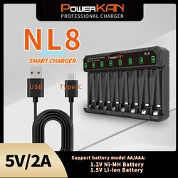 POWERKAN NL8 Battery Charger LED Standalone for 8 1.2V Ni-MH/Cd and 1.5V Li-ionAA AAA Rechargeable Batteries USB 5V 2A Type-C