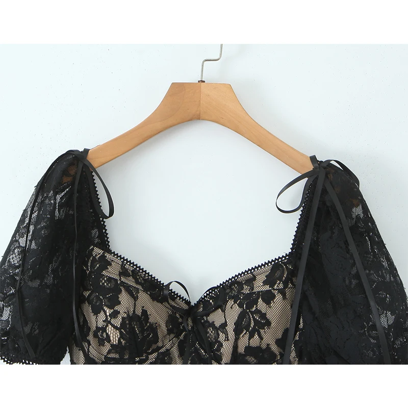 Jastie Sexy Süße Frauen Puff Sleeve V-ausschnitt A-linie Mini Spitze Kleider Schwarz Weiß Sommer Hübsches Mädchen Party Kleid Urlaub Robe