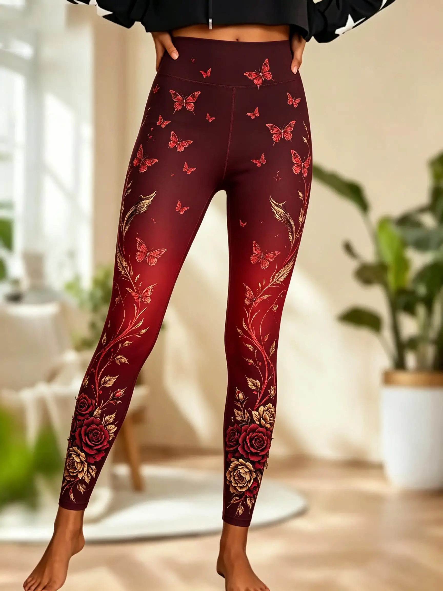 Women Fleece‑lined Mid‑rise Leggings Black‑Purple Gradient Butterfly Peacock Feather Gold Floral Rose Print Slim Stretch  Pants