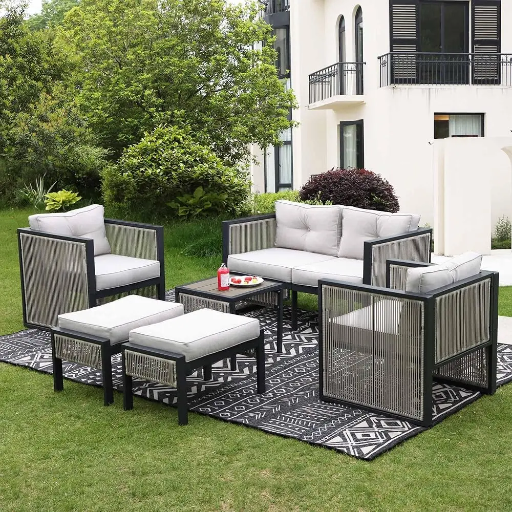 

® Modern Patio Furniture Set, 6 Seats Outdoor Sectional Sofa Set With Side Table Footrests All-Weather Dual-Layer Wicker Rope