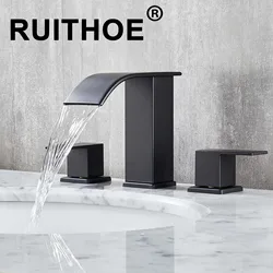 Waterfall Bath Sink Faucet Double Handle Basin Sink Faucet Hot and Cold Water Mixer 3 Hole Bathroom Faucet