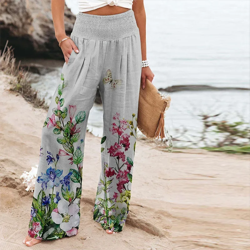 Fashion Printing Pockets Straight Trousers Spring Street Casual Summer Elastic High Waist Loose Wide Leg Pants Women\'s Clothing