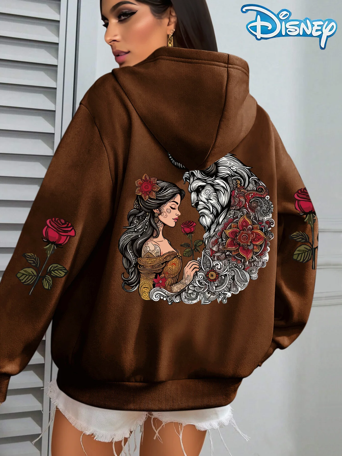 Unissex disney bela e a fera algodão velo hoodie cor preta besta belle rosa grande volta impressão manga design solto ajuste
