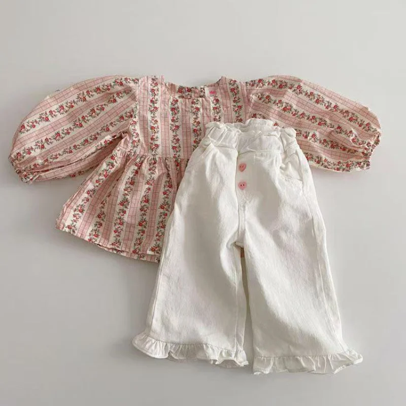 

Girls Spring Pants Baby Casual Ruffle Wide Leg Pants Children's Trendy Autumn Trousers Loose Solid High Waist Bell-bottoms