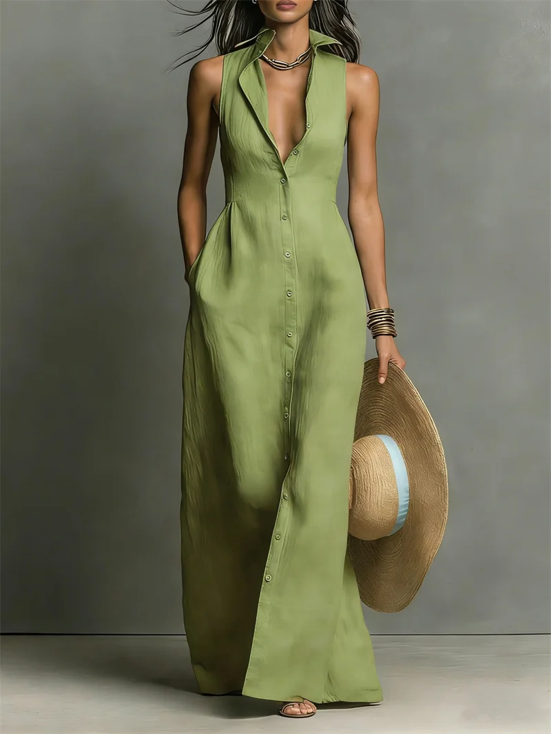 Sommerliches Damen-Maxikleid ärmellos mit Revers, vorne geknöpft, einfarbig, Partykleid, langes Kleid mit Taschen, locker geschnitten, lässig, für Urlaub und Strand, Damen-Outfit