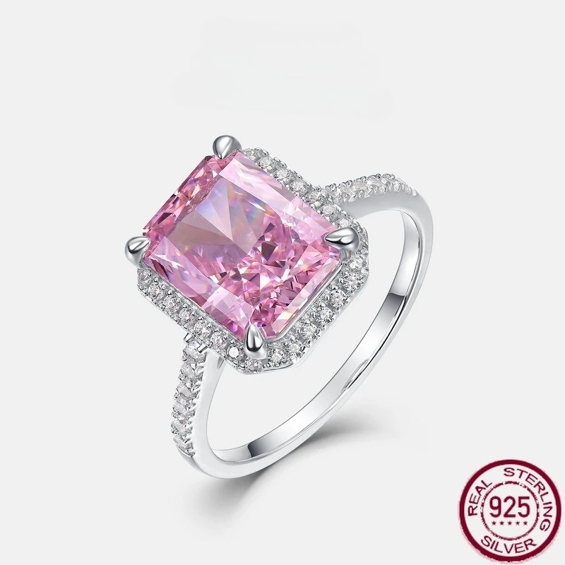 

New S925 sterling silver sparkling square pink ice flower cut high carbon diamond European and American fashion wedding jewelry