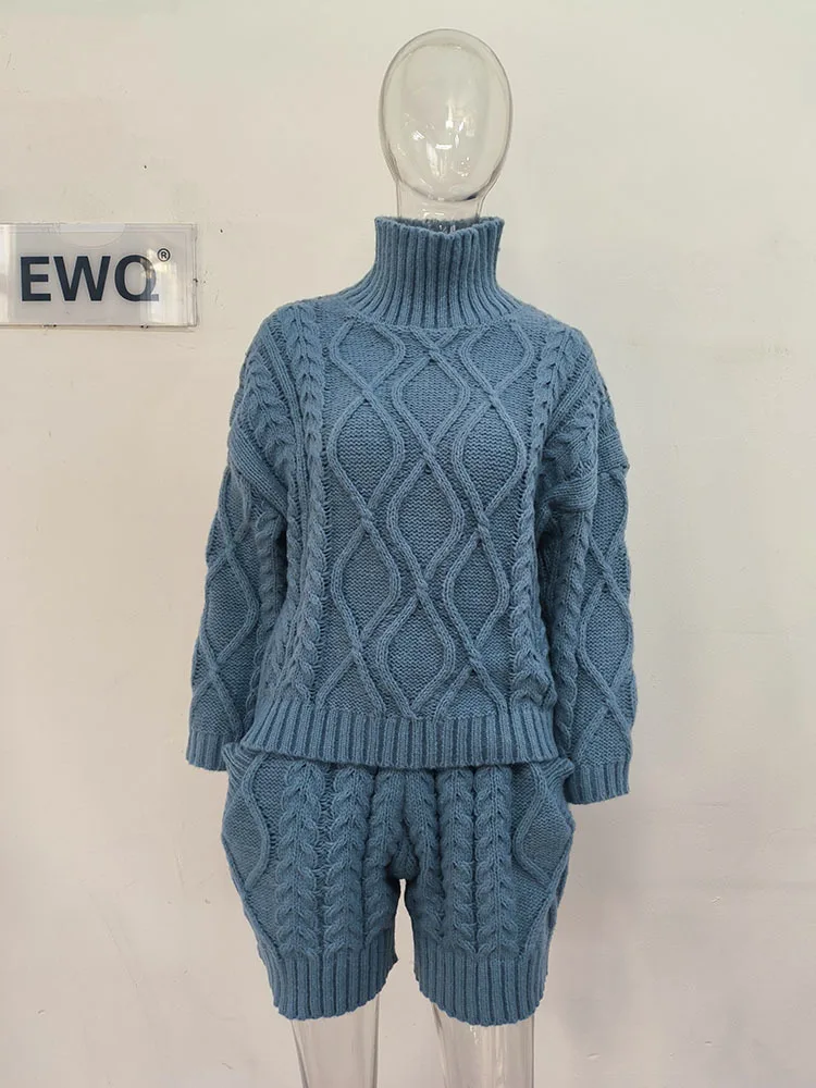 [EWQ] Women Turtleneck Solid Plaid Sweater+Waist Elastic Twists Knit Shorts 2024 Autumn Winter New Casual 2 Piece Set 16U3937