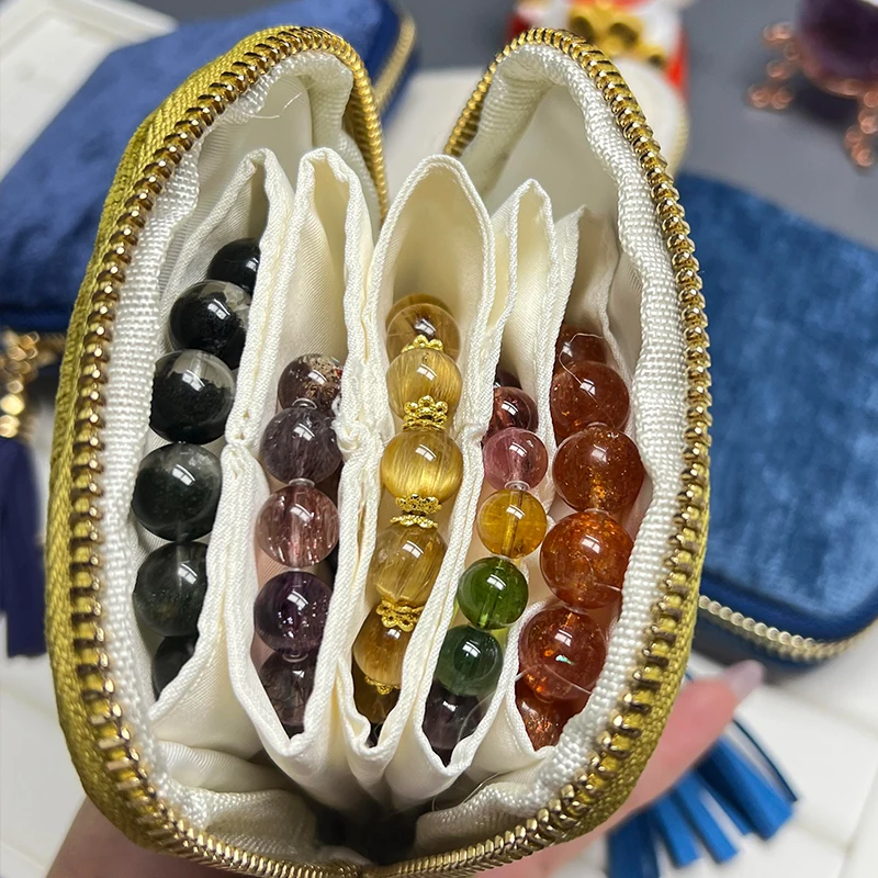 Tassel Zipper Jewelry Organizer Bag Velvet Multi-Layer Portable Case for Crystal Stone Buddha Beads Bracelet Storage Pouches