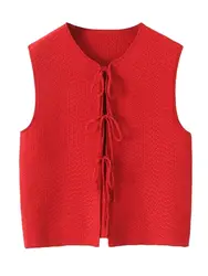 XNWMNZ 2024 Women's Fashion Red Tie Knit Waistcoat Women High Street V-neck Sleeveless Versatile Female Tank Top