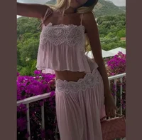 Women Pink Chiffon Lace Trim Pants Suit Sleeveless Strap Crop Top Boho Holiday Matching Sets 2026 Seaside Vacation Casual Outfit - Image 5