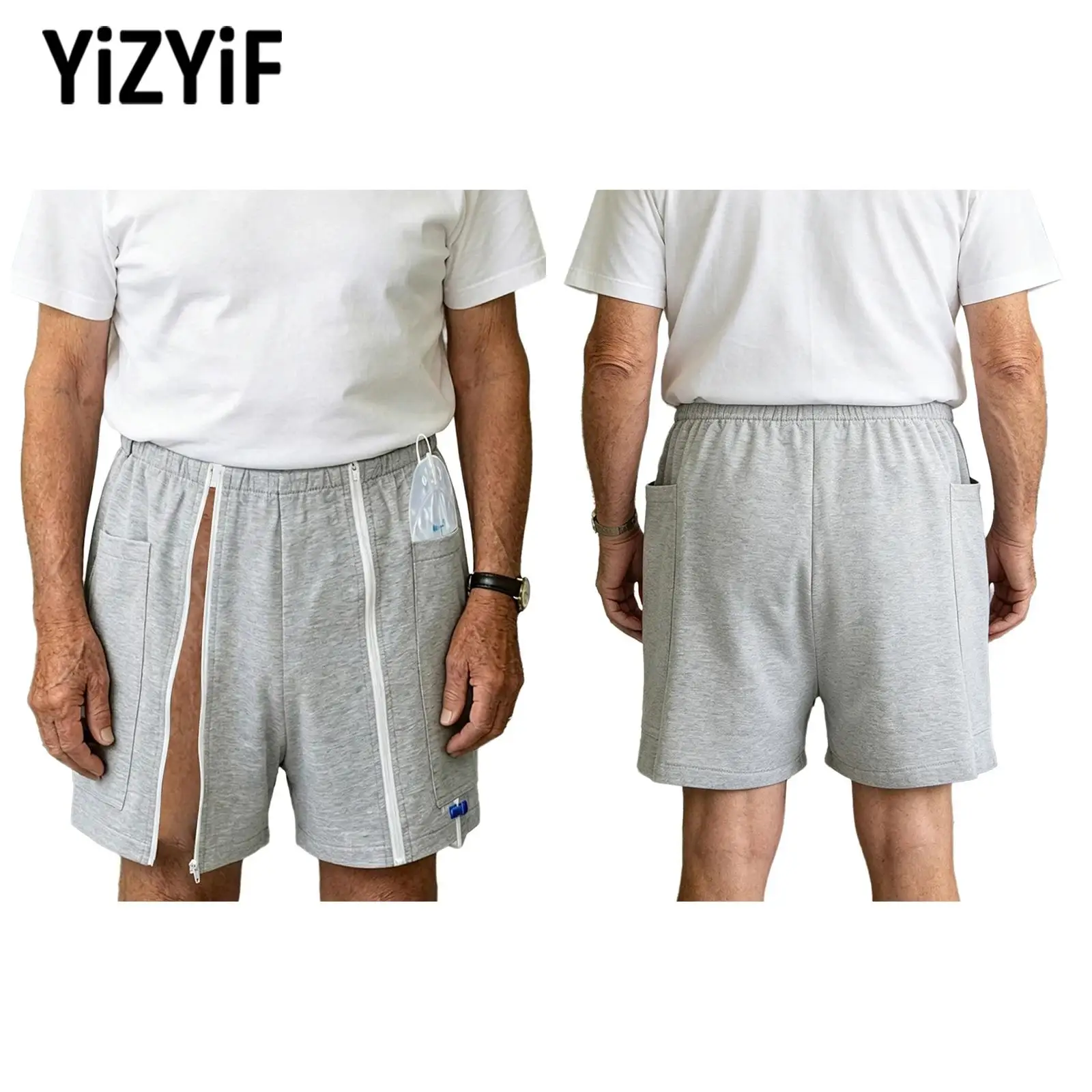 Men Nephrostomy Bag Easy-to-wear Shorts Sides Pockets and Zipper Elastic Waistband Adaptive Underwear Urine Bag Short Pants