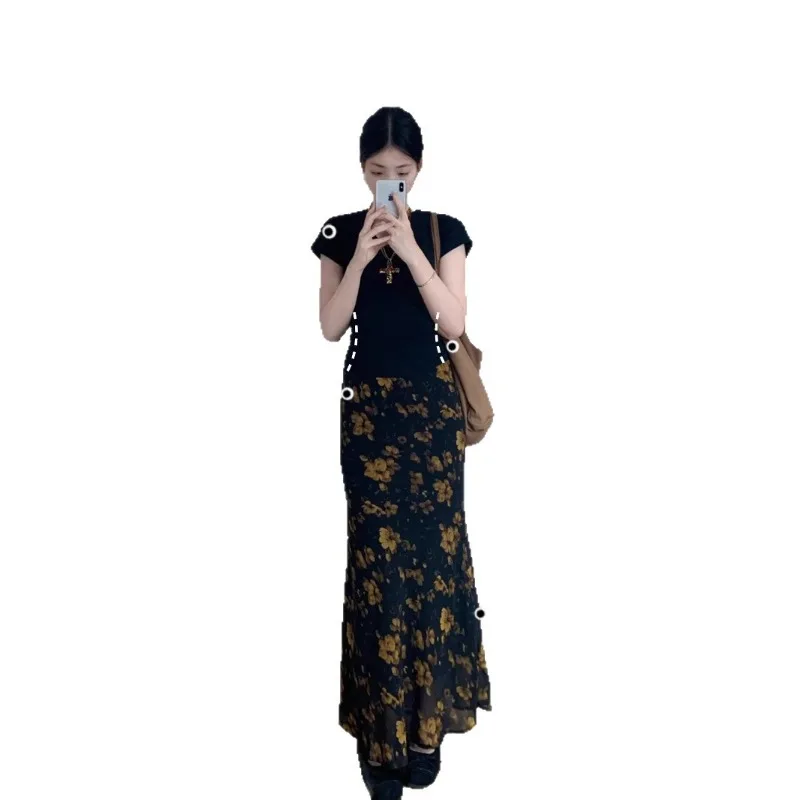 

Black High-grade Floral Skirt 2025 Skirt Children Summer Light Ripe Slim Hip Dress