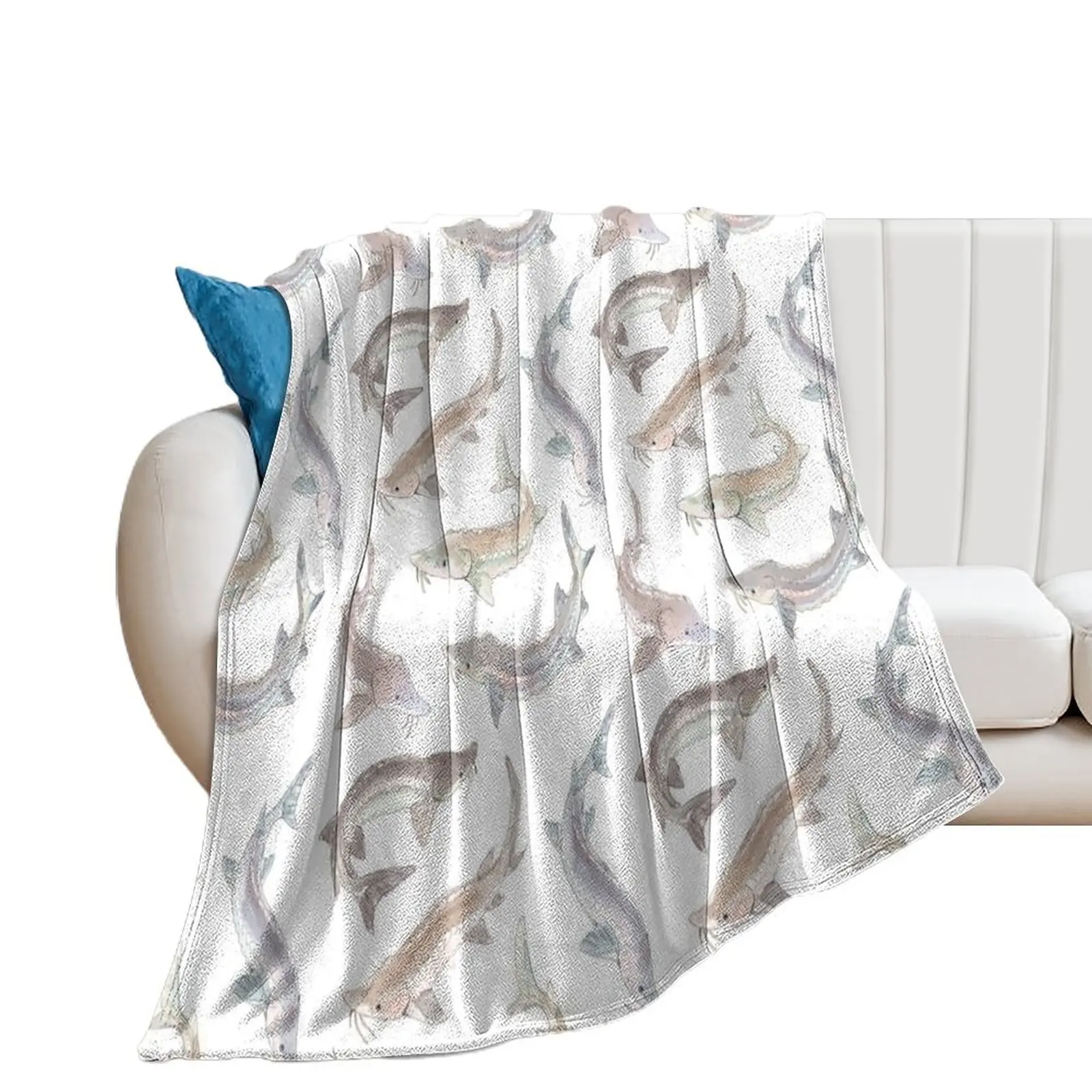 

Watercolor white sturgeon Throw Blanket Beach Custom bed plaid Blankets