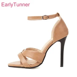 New Comfortable Apricot Black Women Dress Sandals 4 Inch High Heel Office Lady Shoes Plus Small Big Size 32 43 46 48