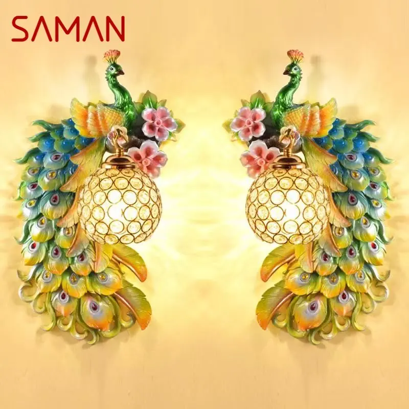 

SAMAN Modern Peacock Wall Lamp LED Nordic Interior Creative Resin Sconce Light for Home Living Room Bedroom Decor