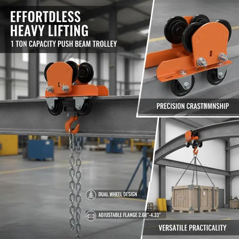 Motorized Lift Hand Carriage 2200 lbs Capacity For Warehouse Factory Workshop, Dual Wheels Push Beam Trolley 2.68