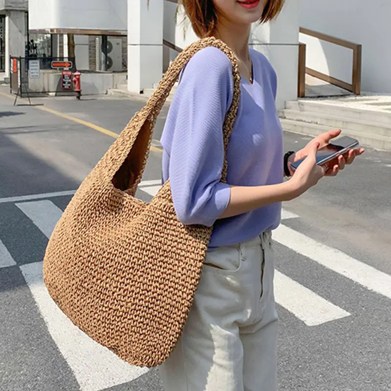 Handmade Lady Retro Chic Crochet Handbag 2021 Korean Fashion Knitted Braid Hollow Black Yellow Top-handle Tote Bag shopper sac