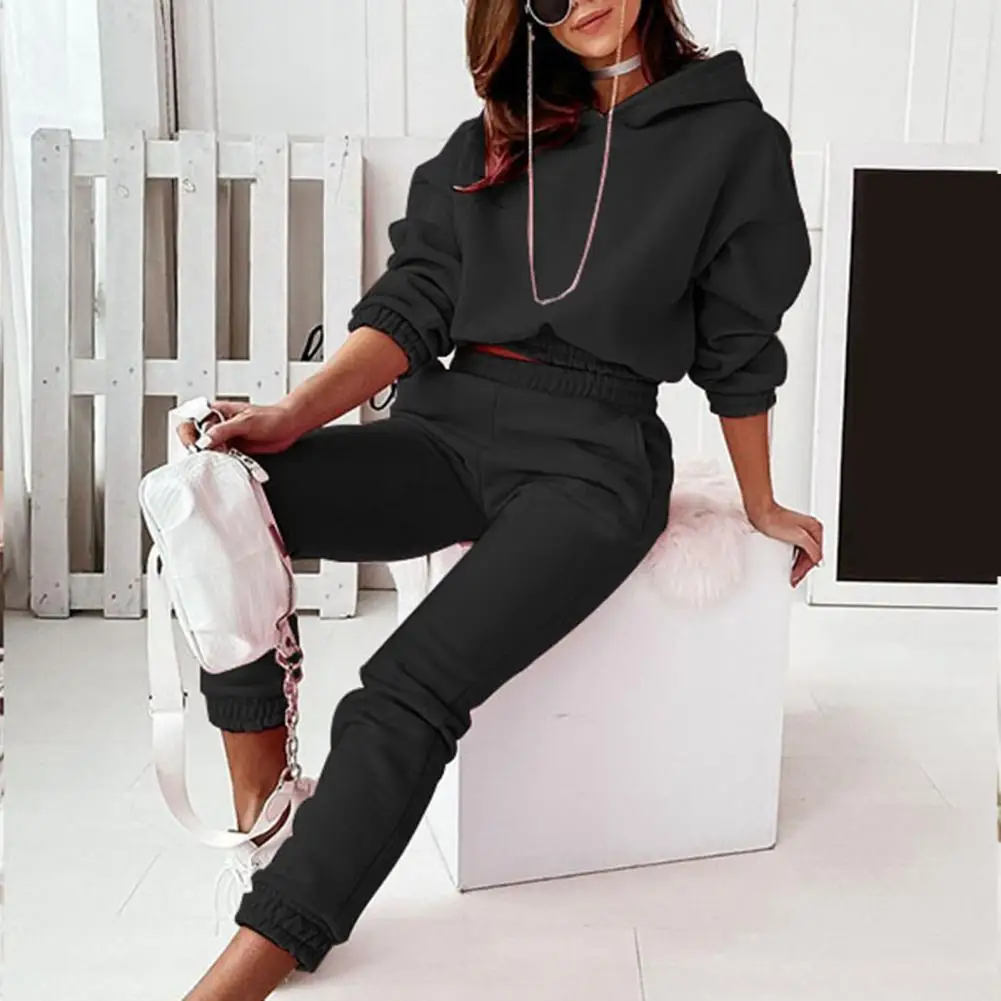 

2Pcs/Set Fashion Hoodie Pants Set Pockets Warm Casual Outfit Solid Color Women Short Type Hoodie High Waist Sweatpants Set