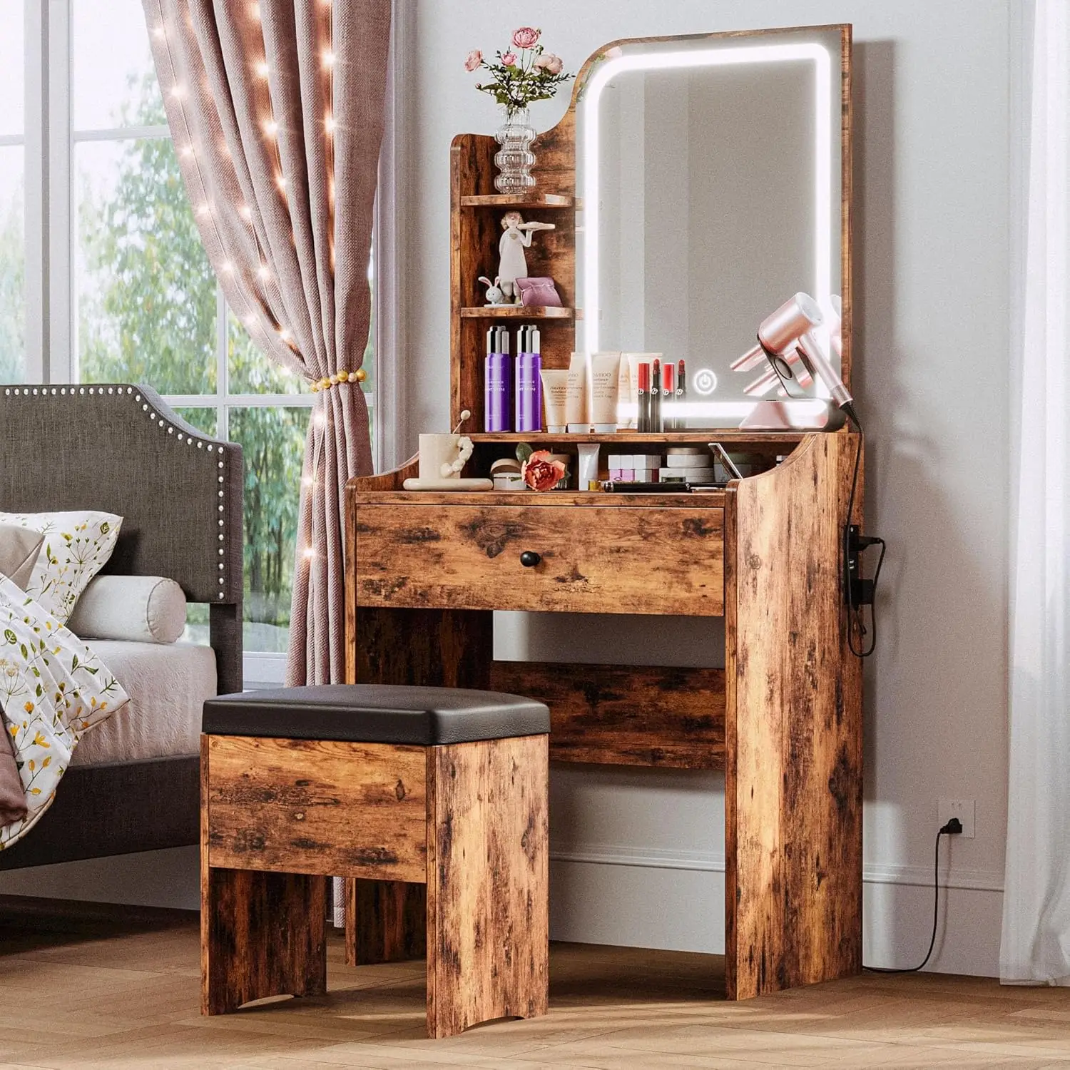 Small Makeup Vanity Desk with Mirror and Lights, Vanity Table Set with Storage Drawer, Chair and Three Shelves