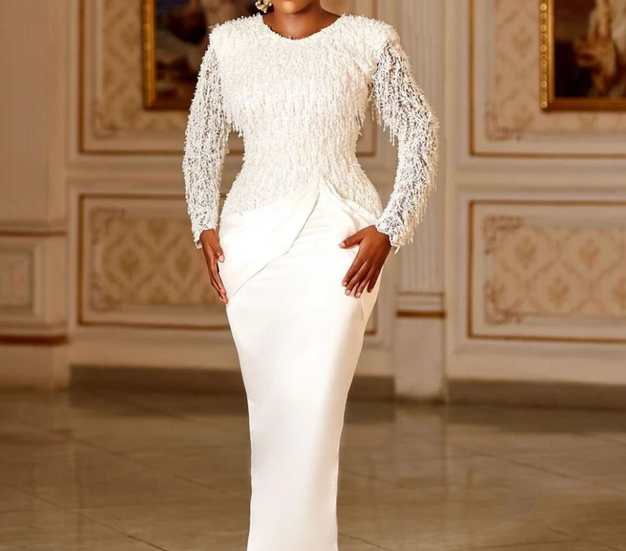 

Elegant Women White Dresses Formal Long Sleeve Crew Neck Tassels Lace Stitching Midi Dress Evening Gown Maxi Skirt Vestido