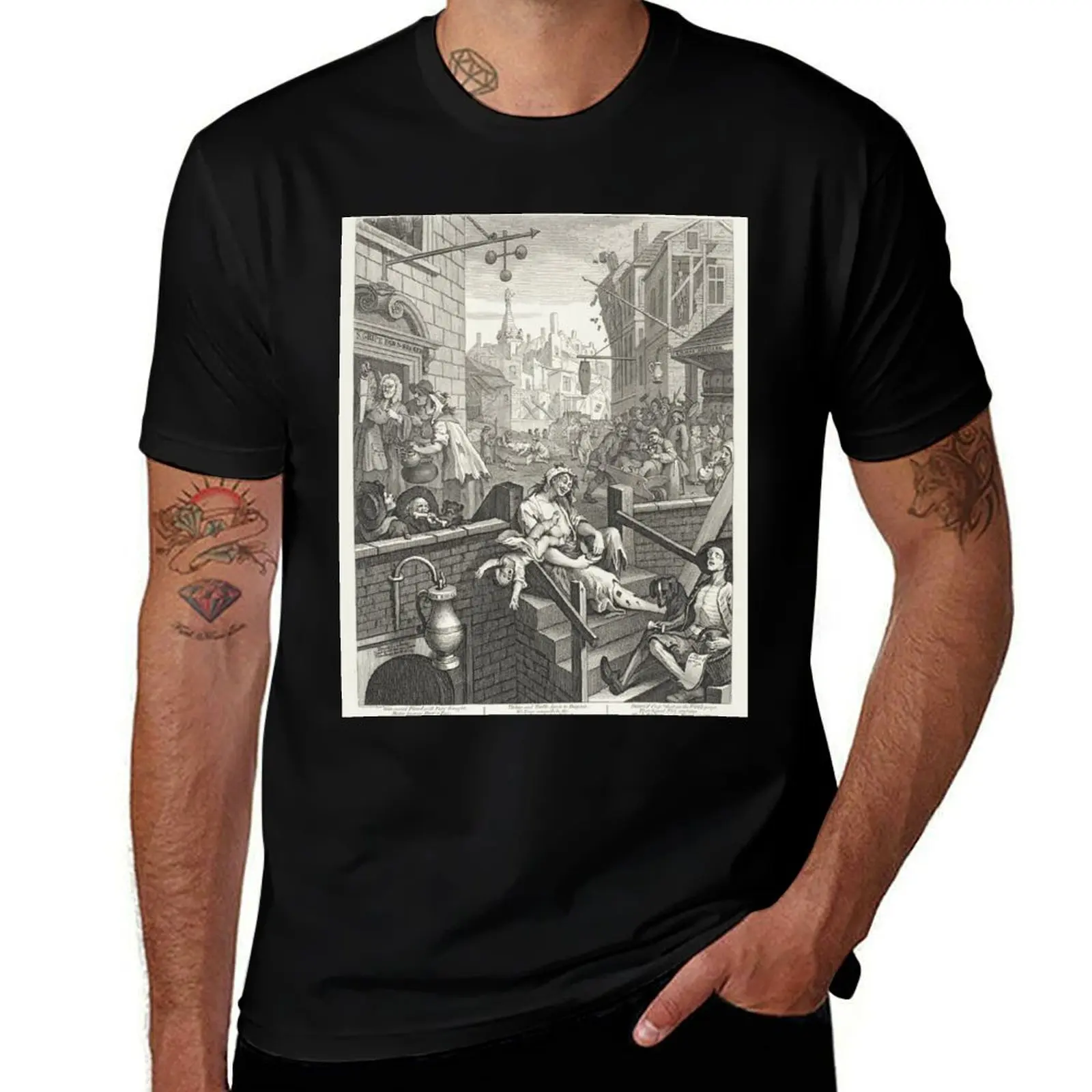 Gin Lane - William Hogarth (1697-1764) - 18th century engraving print T-Shirt Running Performance Short Sleeve Tee T-Shirt
