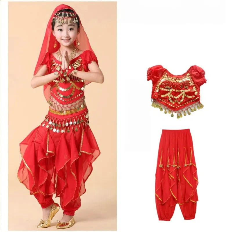 Детский костюм для индийского танца, топ с блестками, комплект вращающихся штанов, детское этническое выступление для танца живота для девочек
