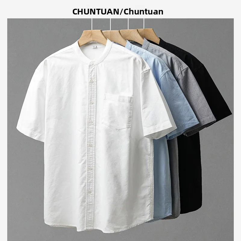 

Мужская повседневная рубашка из плотного хлопка оксфорд с воротником-стойкой и коротким рукавом, летняя, премиум-класса, белая, с воротником Хенли