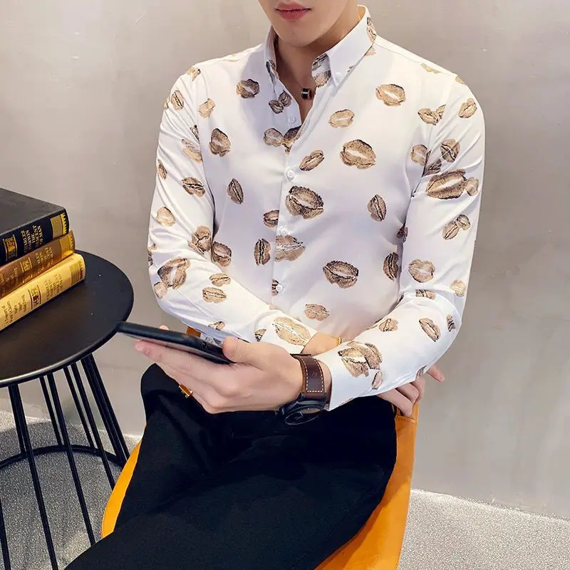 Spring Autumn New Turn-down Collar Fashion Long Sleeve Shirt Man Button Patchwork Printing Y2K Cardigan Casual All-match Tops