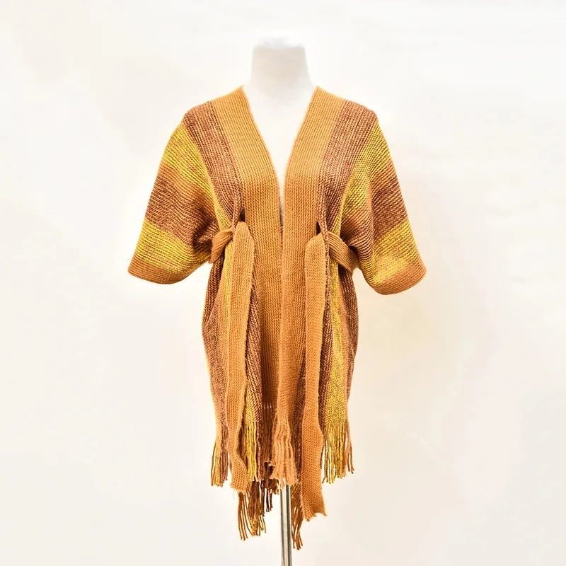 

Spring Autumn Tassels Waistband Shawl Imitating Cashmere Women Fashion Street Poncho Lady Capes Yellow Cloaks