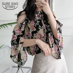 Spring and summer new short sleeved chiffon women's shirt off shoulder pullover flower loose women's top 14370