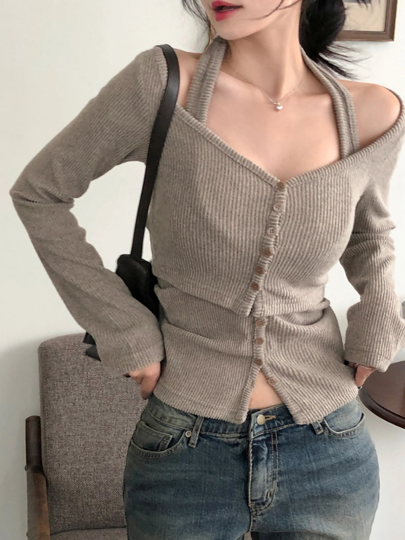 

Fashion 2 Piece Set Women’s Halter Top Tee Long Sleeves Korean Style Office Lady Simple All-Match Blouses