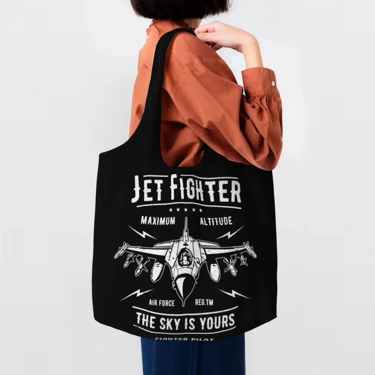 

Recycling Jet Fighter Shopping Bag Women Shoulder Canvas Tote Bag Washable Pilot Aviation Airplane Plane Groceries Shopper Bags