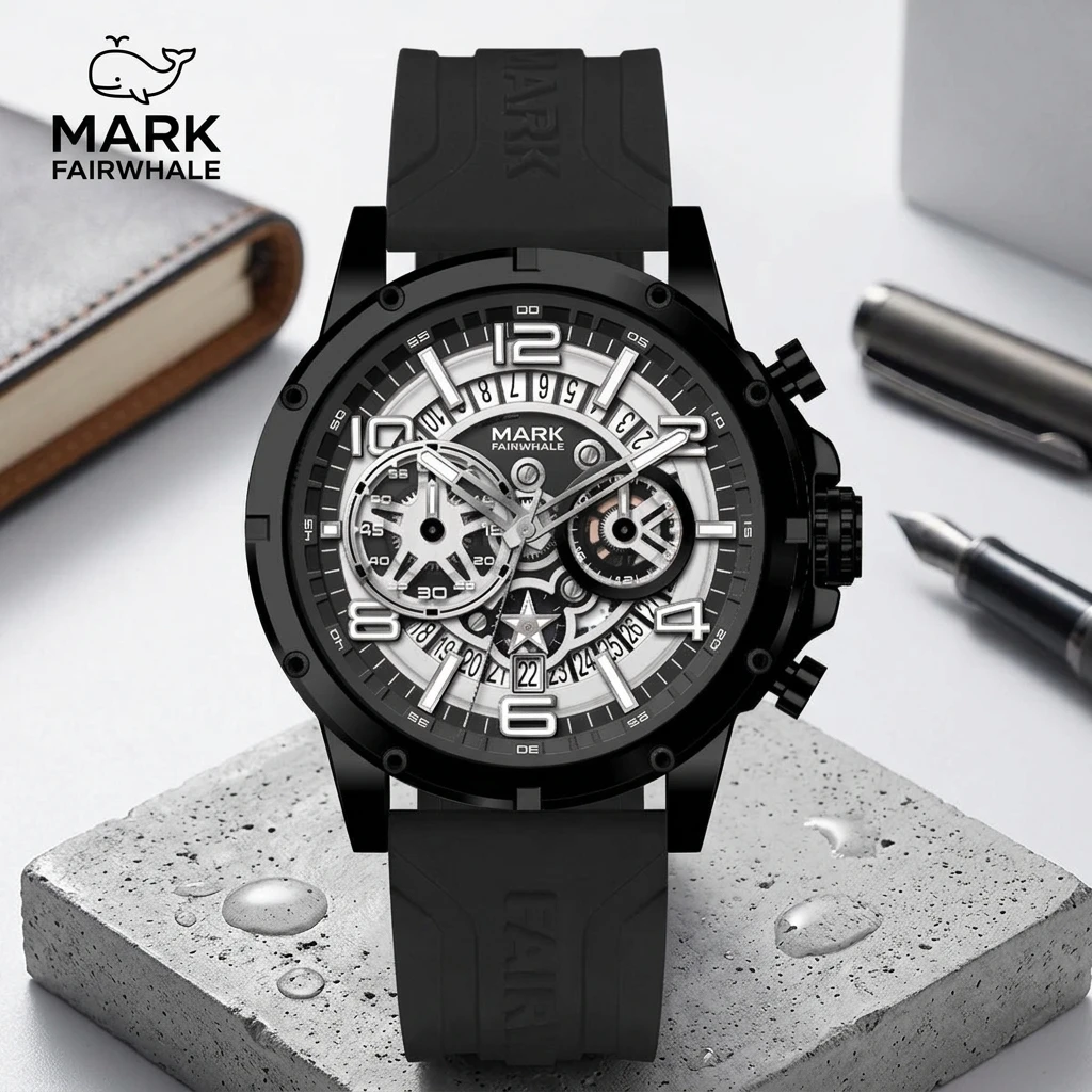 Mark Fairwhale Skeleton Chronograph Men Quartz Watch Large Number Dial Silicone Band Sports Wristwatch